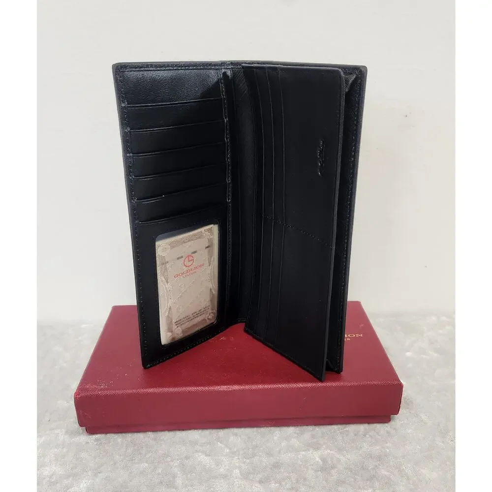 NWT Goldlion Mens Black Soft Lambskin Leather Long Bi-Fold Wallet